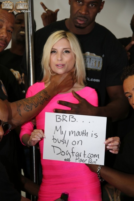 Petite blonde slut sucks off a roomful of big black dicks before masturbating