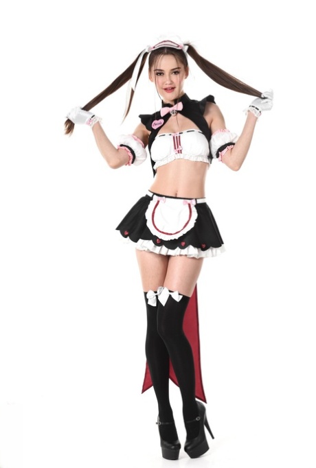 Cute girl Sonya Blaze models naughty maid apparel before dildoing her pussy