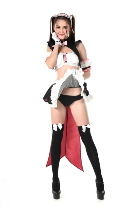 Cute girl Sonya Blaze models naughty maid apparel before dildoing her pussy