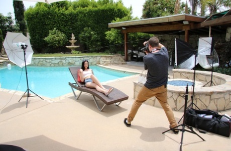 Brunette Marley Brinx lifts her legs up and gets her butthole stuffed poolside