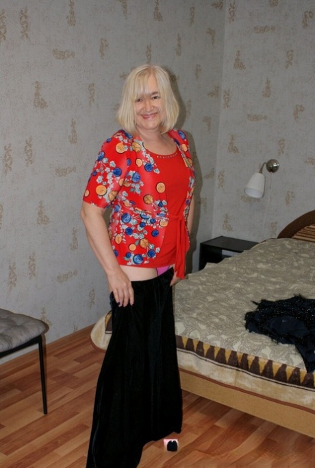 Little granny Ally strips and unveils her chubby body and hairy holes
